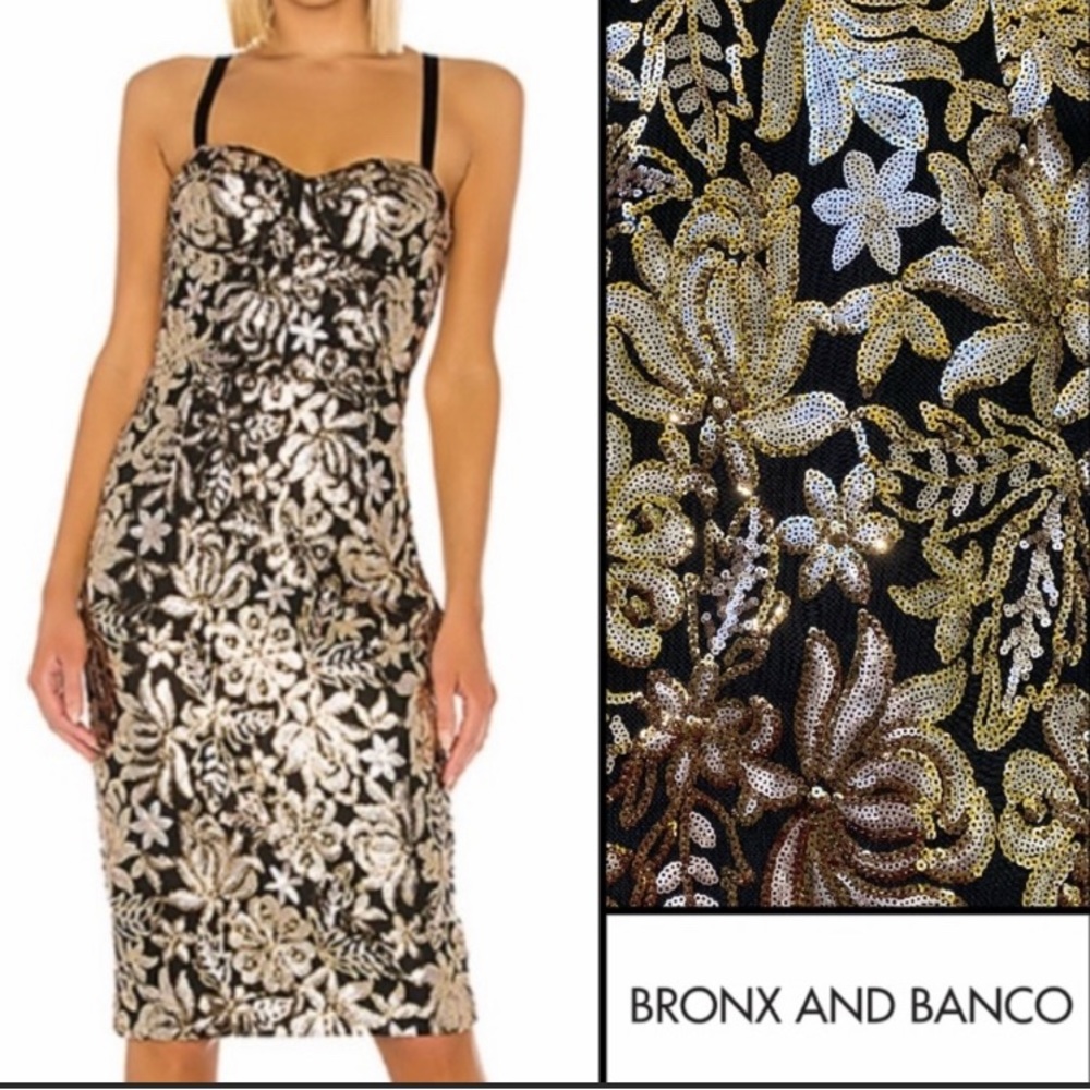 NWT Bronx and Banco Louise Floral Sequin Sheath Dress In Gold and Silver